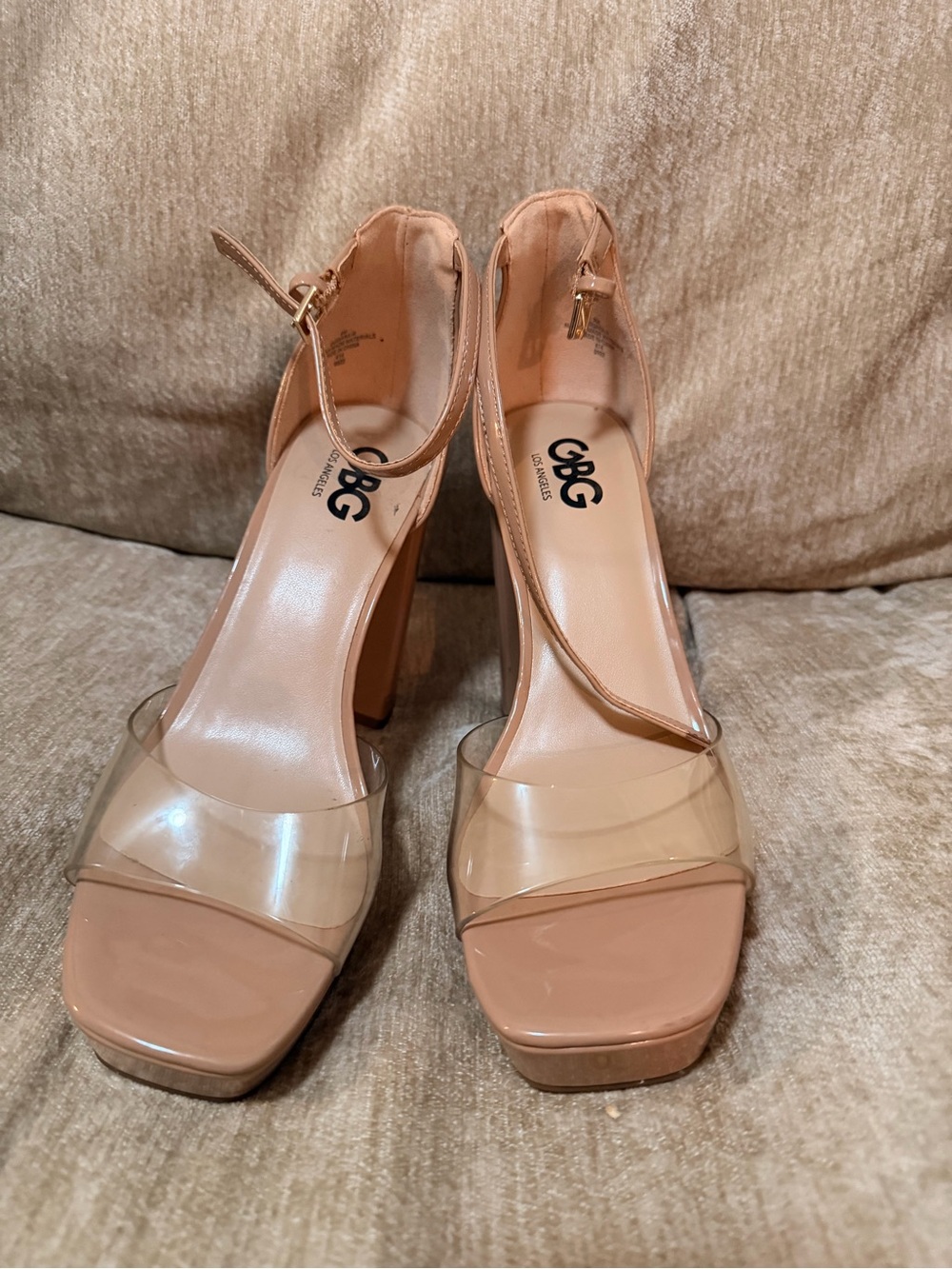 G by Guess Blush Nude Clear-Strap Block Heel Sandals